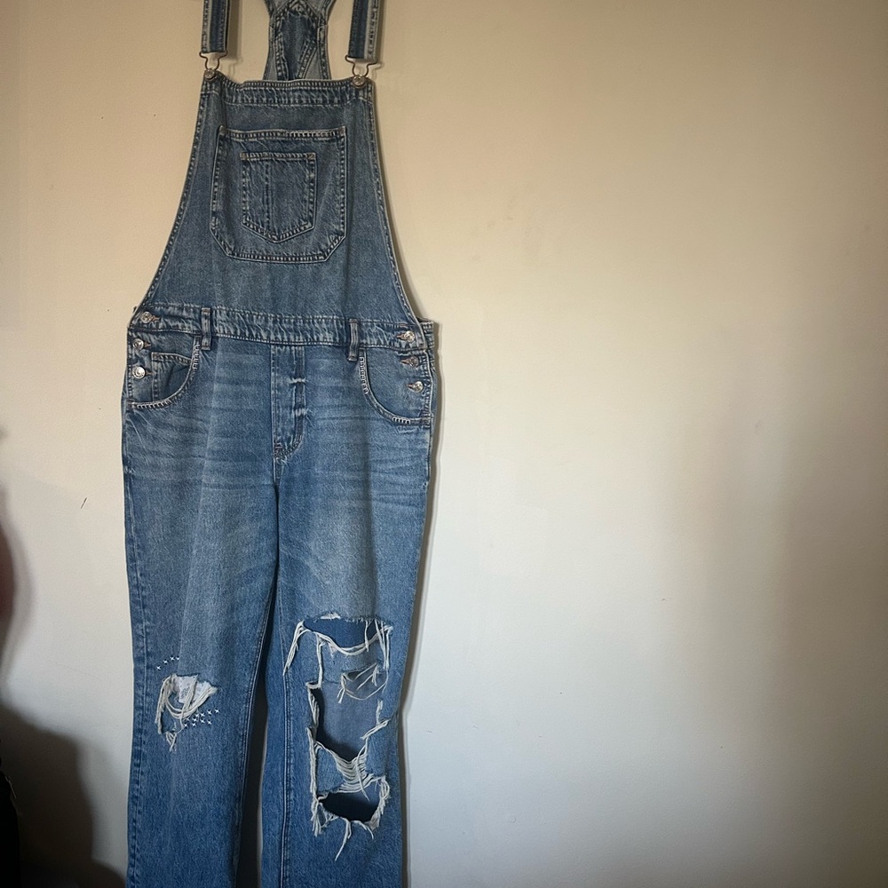 American Eagle Outfitters Blue Distressed Denim Overalls